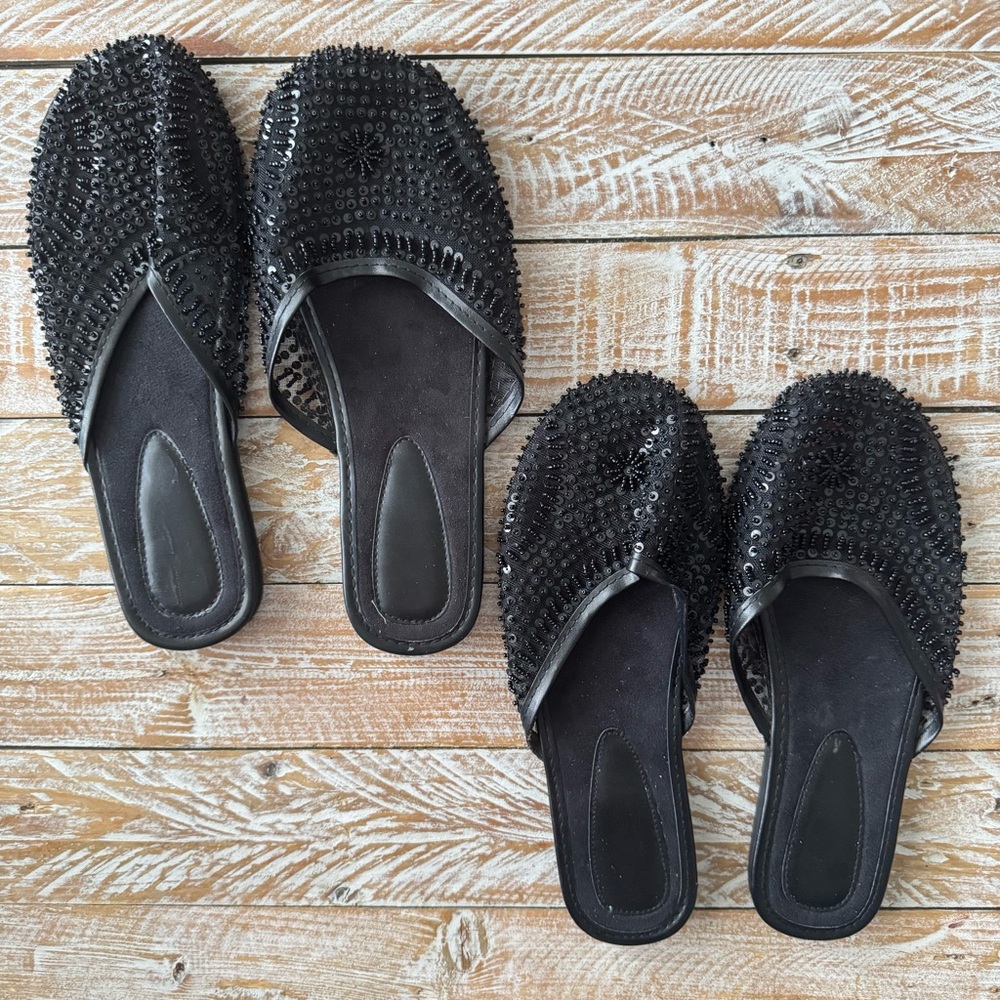 🖤2 Pair Black Sequin Beaded Flashy Toe Flats Slip On Sandals Slides🖤 ~9.5
